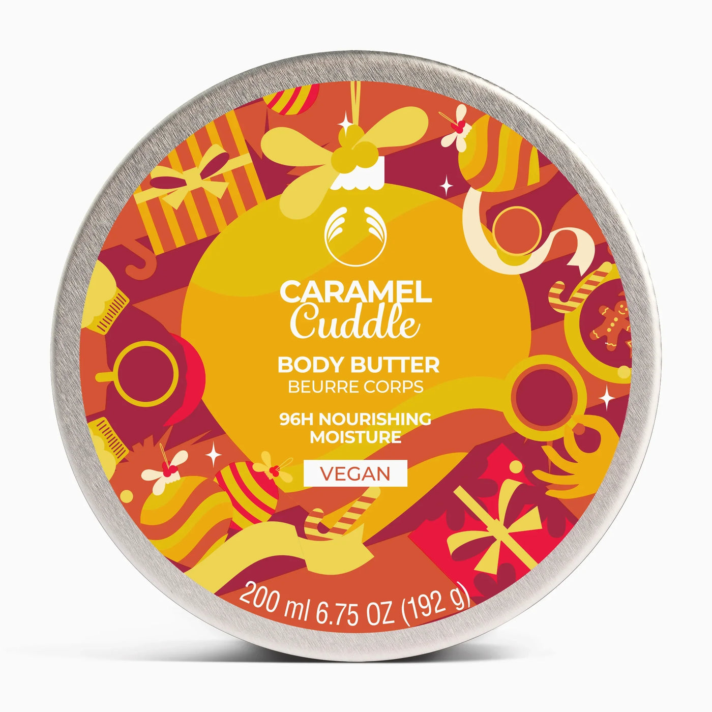 The Body Shop's Caramel Cuddle body butter container on a white background