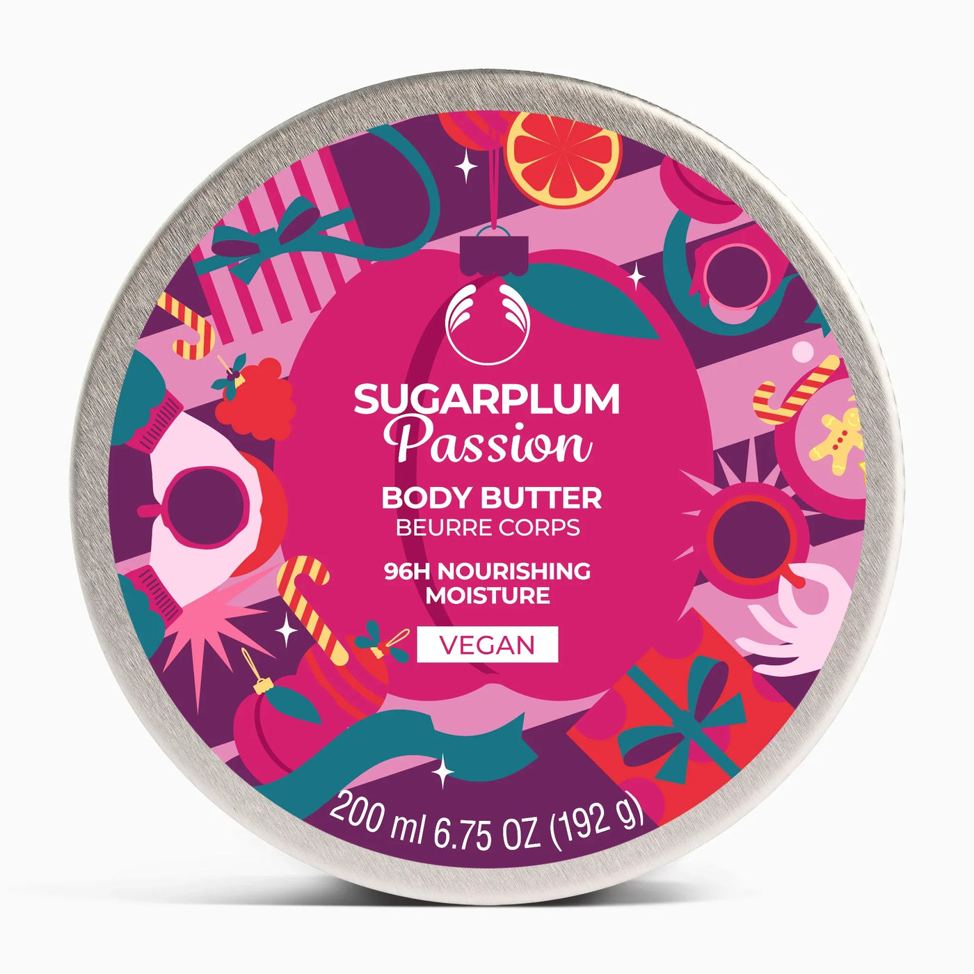 The Body Shop's Sugarplum Passion body butter container on a white background