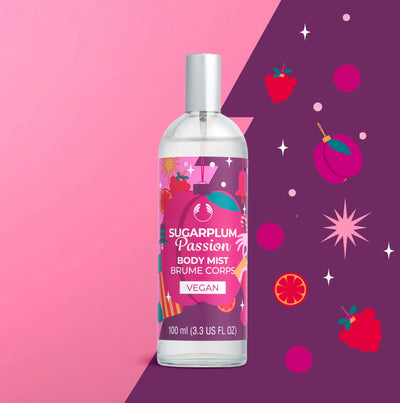Bottle of Sugarplum Passion body mist with colorful label on pink and purple background