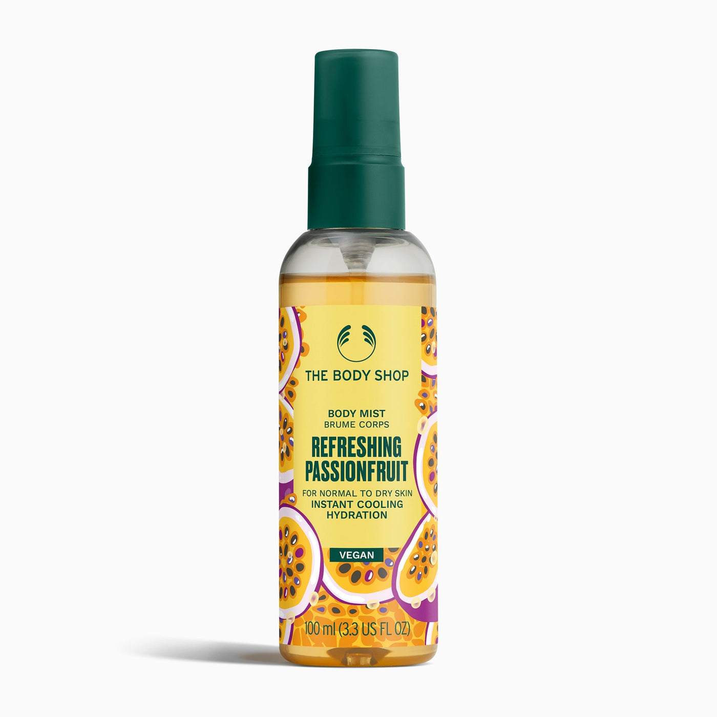The Body Shop's Refreshing Passionfruit body mist bottle on a white background